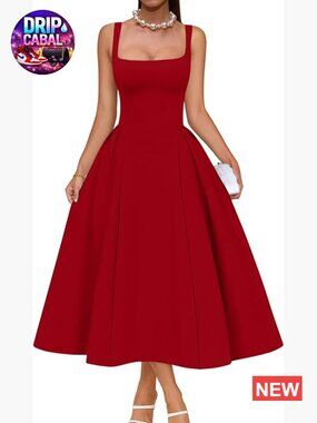 Polyester Spandex Square Neck Swing A Line Midi Dress Formal Evening